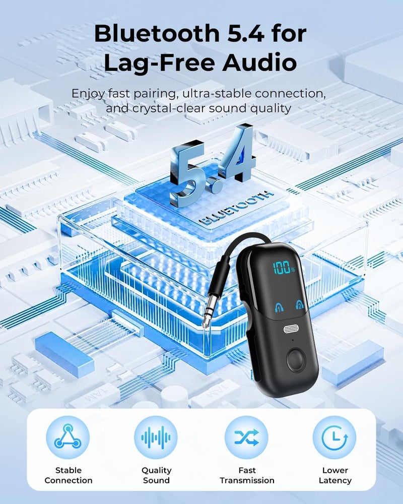 daskmenbo Bluetooth 5.4 Transmitter Receiver aptX Adaptive for 2 AirPods/Headphones, 2-in-1 Bluetooth Audio Adapter with Mic & LED Display for TV, Airplane Travel, 3.5mm AUX Wireless Adapter for Car/Home Stereo - Image 5